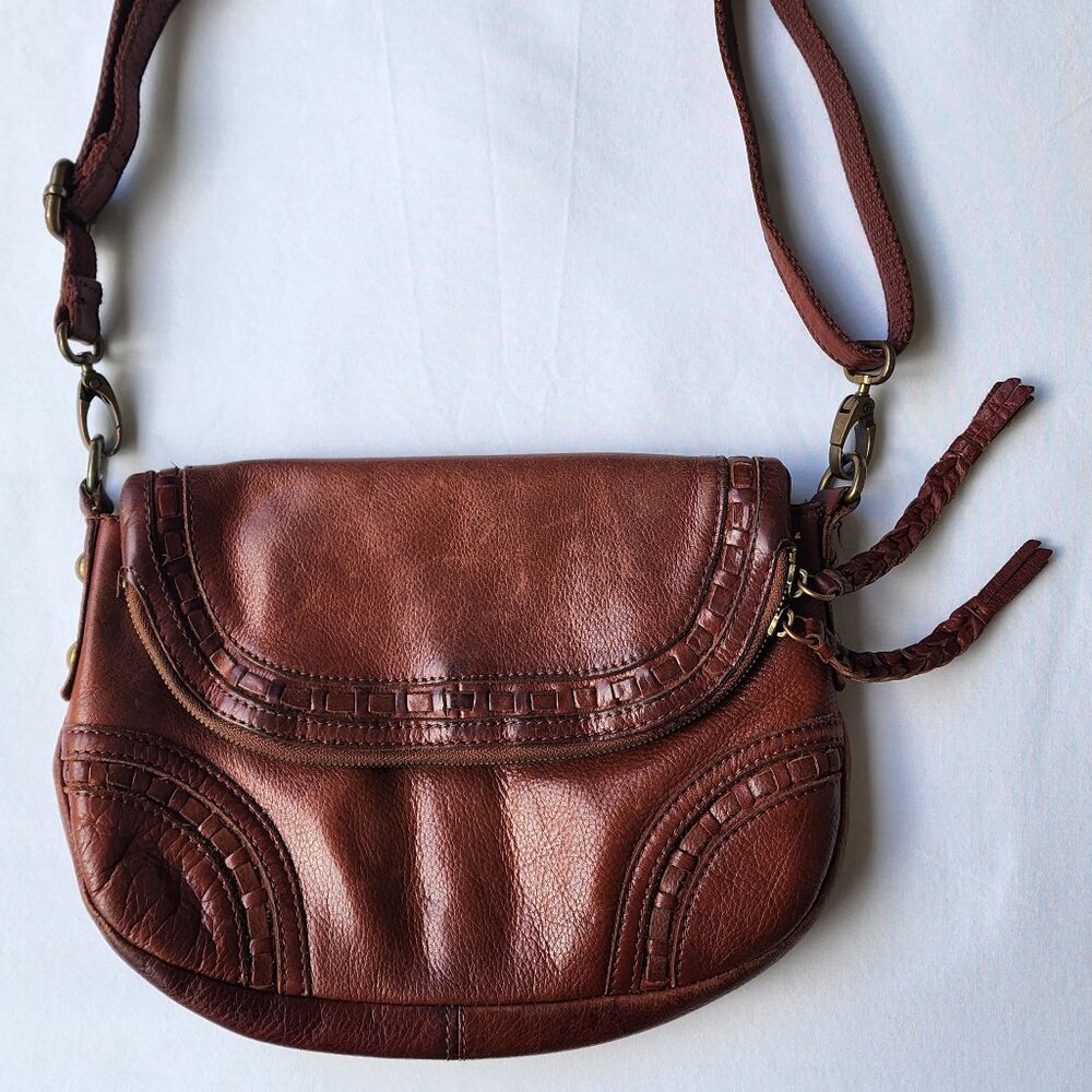 Vintage Lucky Brand Brown Leather Crossbody Hobo Bag Foldover Purse Handbag